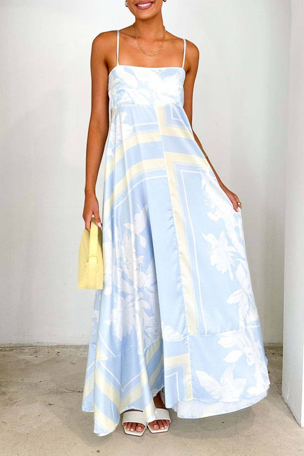 2025 Tropical botanical Floral thin strap flare swing dress-Blue Hand Home