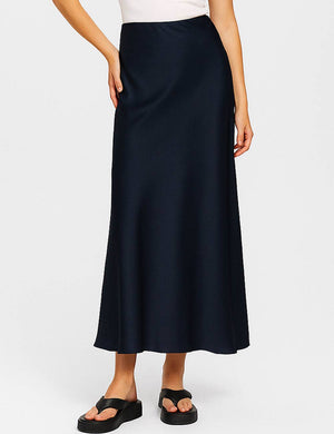 Ladies Solid Color Satin Midi Skirt 5515-Blue Hand Home