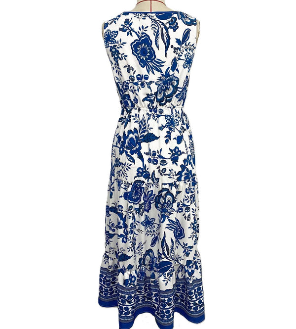 Vintage Holiday Floral Print Vest Dress-Blue Hand Home