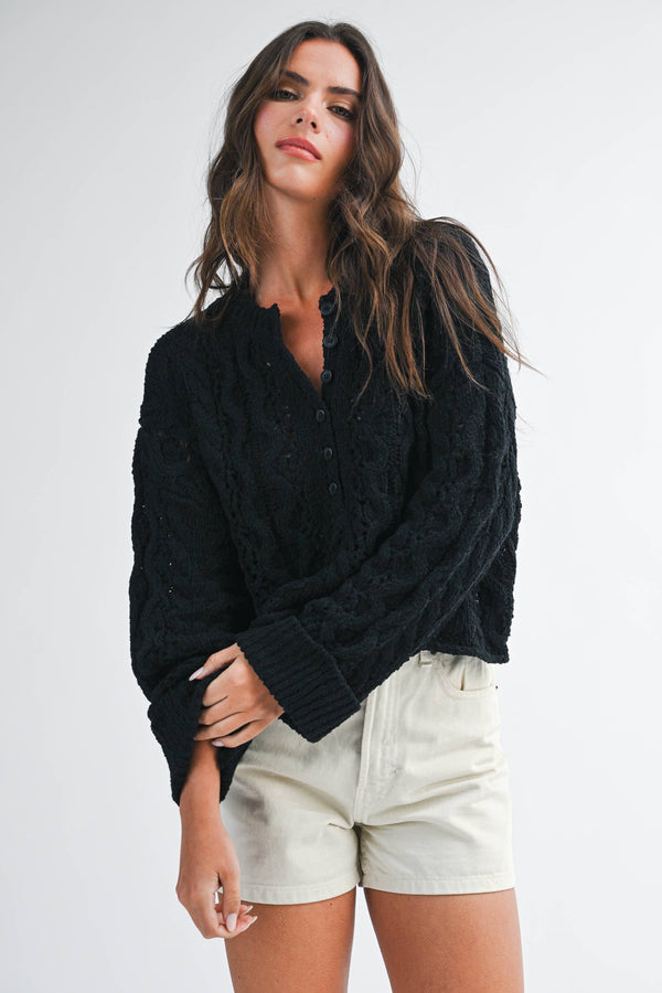 3463hk Textured Cropped Henley Knit Sweater