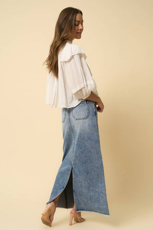 High Rise Flared Maxi Skirt - Fray Hem-Blue Hand Home