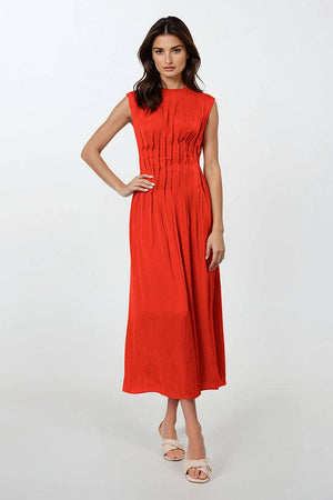 Silky Pleated Waistline Midi Dress-Blue Hand Home