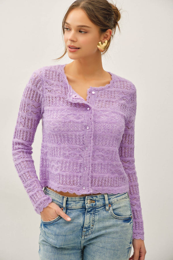 Openwork Knit Scalloped Edge Cardigan-Blue Hand Home