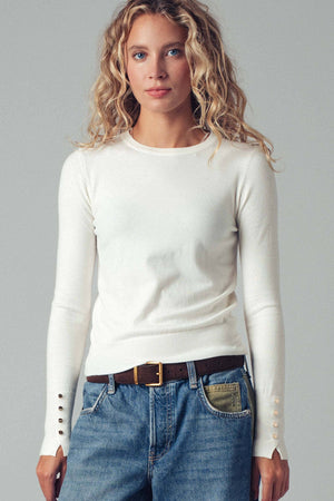 Polished Button Cuff Slim Knit Top-Blue Hand Home