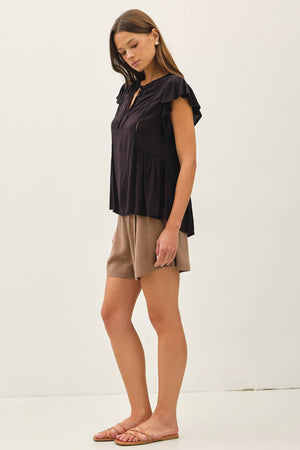 TIE FRONT RUFFLE SLEEVE TOP-Blue Hand Home