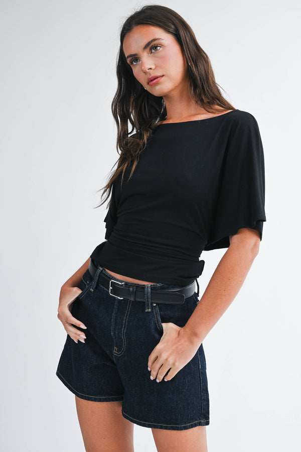 8654hk Draped Short Sleeve Back Tie Top Tee