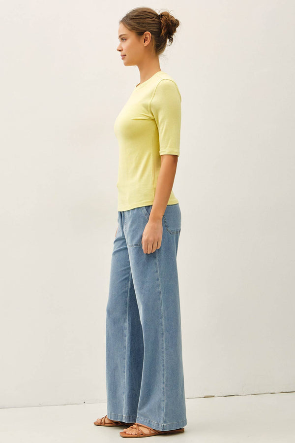 KNIT DENIM WIDE LEG PULL ON PANTS-Blue Hand Home