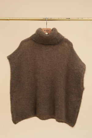 80% Kid Mohair Turtleneck Poncho Sweater: Kaki / One Size-Blue Hand Home