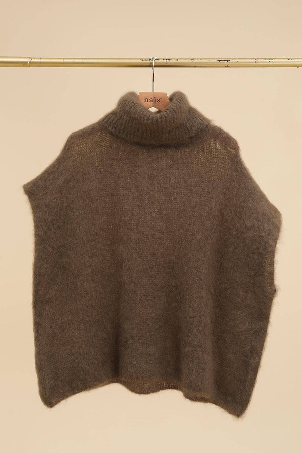 80% Kid Mohair Turtleneck Poncho Sweater: Kaki / One Size-Blue Hand Home