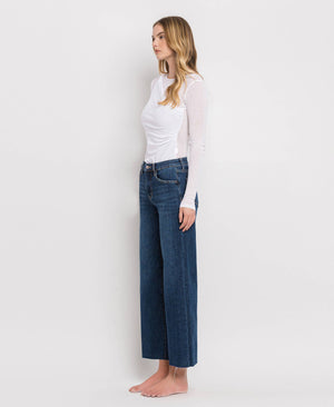 TUMMY CONTROL MID RISE DARK WASH WIDE LEG JEANS LV1311-Blue Hand Home
