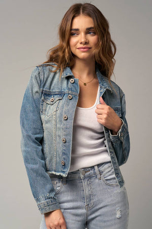 Flap Pockets Raw Hem Denim Jacket-Blue Hand Home