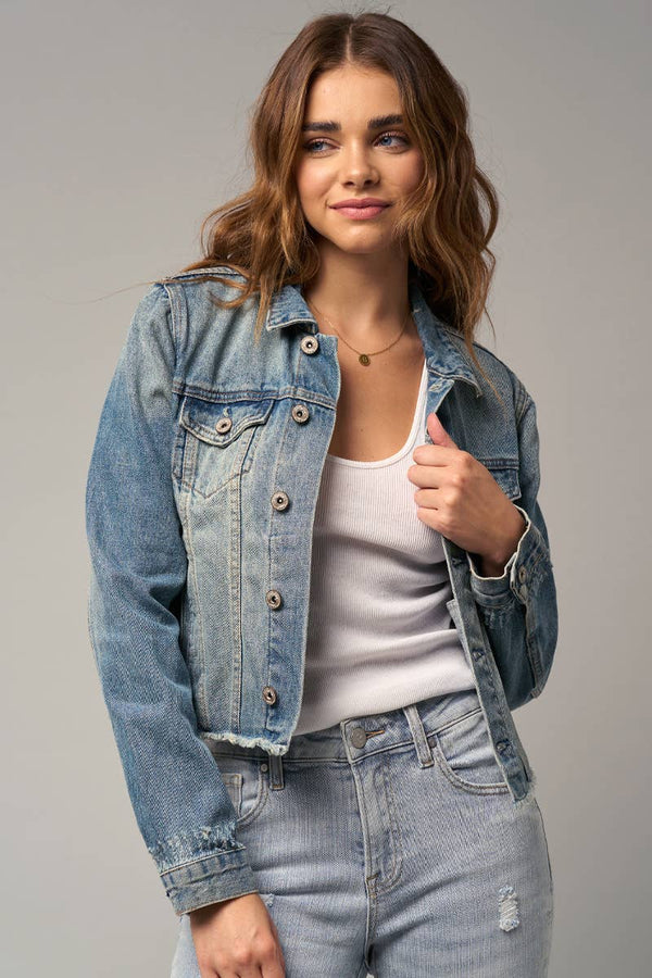 Flap Pockets Raw Hem Denim Jacket-Blue Hand Home