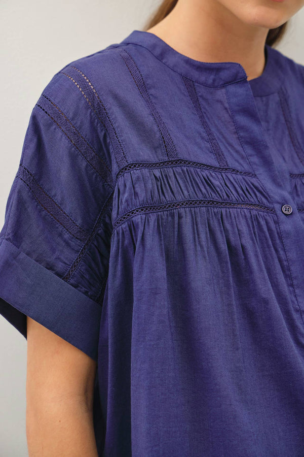 EYELET LACED OVERSIZE DOLMAN SLEEVE TOP-Blue Hand Home