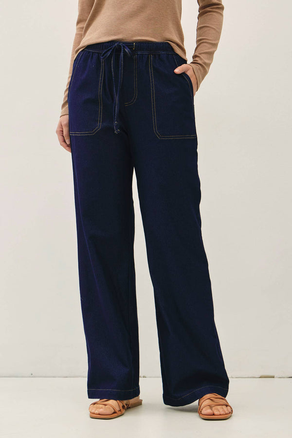 KNIT DENIM WIDE LEG PULL ON PANTS-Blue Hand Home