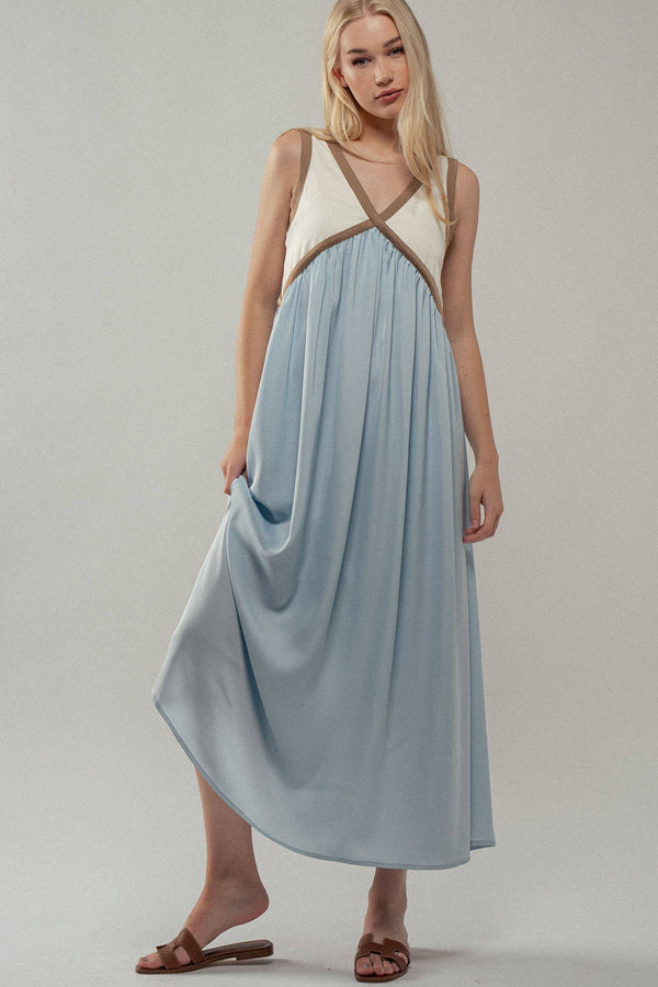 Contrast Piping Empire Waist Dress-Blue Hand Home