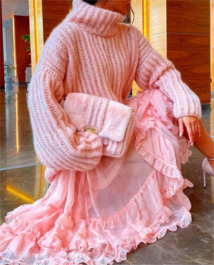 Knitted fluffy turtleneck sweater-Blue Hand Home