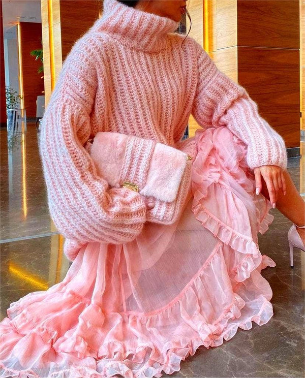 Knitted fluffy turtleneck sweater-Blue Hand Home