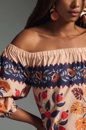 Vintage Print One-Shoulder Baggy Dress-Blue Hand Home