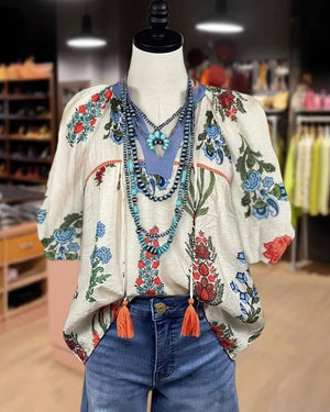 Boho Floral Print V-Neck Casual Top-Blue Hand Home