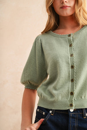 J5056 PUFF SHORT SLEEVE BUTTON DOWN KNIT CARDIGAN-Blue Hand Home
