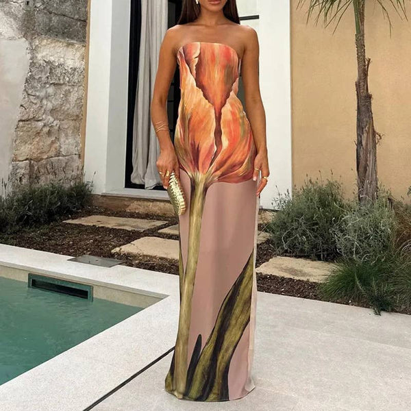 Calla Lily Print Strapless Maxi Dress-Blue Hand Home