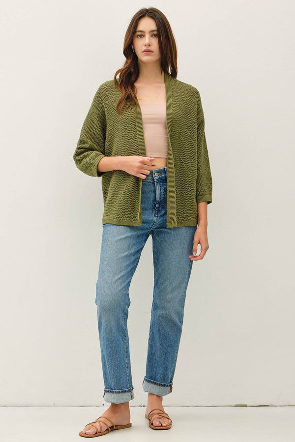 DIAMOND PATTERN DOLMAN 3/4 SLEEVE OPEN CARDIGAN-Blue Hand Home