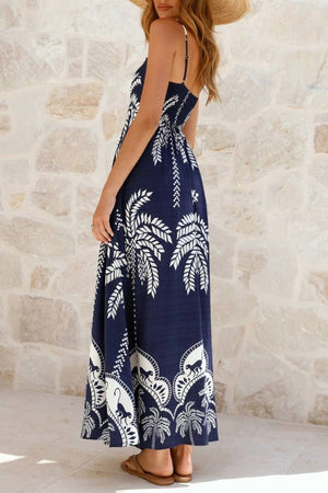 Tropical vacation palm print A-line strappy maxi dress-Blue Hand Home