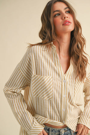 T5276 Striped Pattern Button Down Shirts-Blue Hand Home