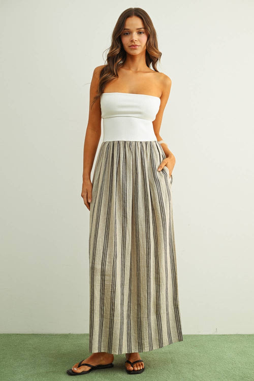 D5725 STRIPED PATTERN KNIT WITH RIBBED TOP COMBINATION DRESS-Blue Hand Home