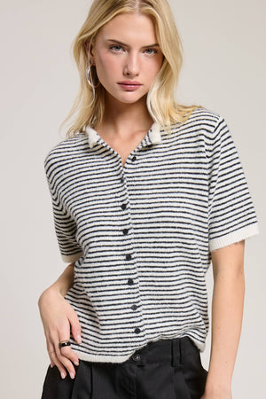 Striped Short Sleeve Button Cardigan-Blue Hand Home