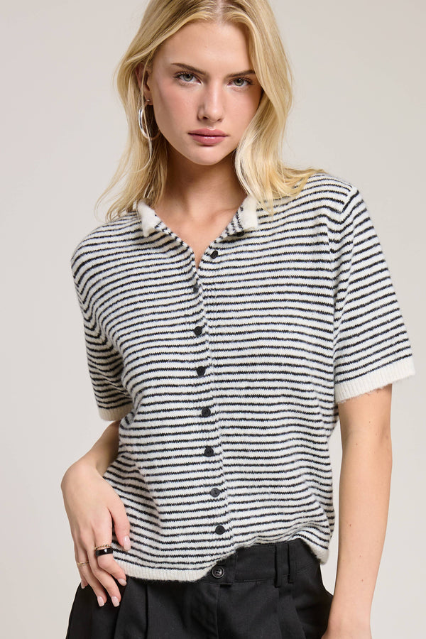 Striped Short Sleeve Button Cardigan-Blue Hand Home