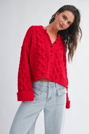 3463hk Textured Cropped Henley Knit Sweater