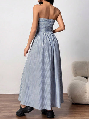 Effortless vibe Pinstripe strapless A-line skirt maxi dress-Blue Hand Home