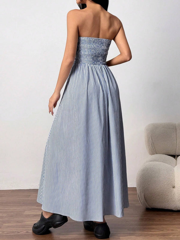 Effortless vibe Pinstripe strapless A-line skirt maxi dress-Blue Hand Home
