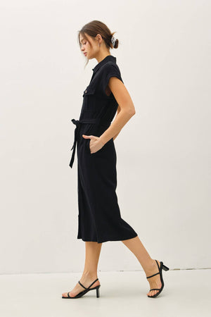 BUTTON UP MIDI DRESS W/ UTILITY STYLE POCKETS-Blue Hand Home