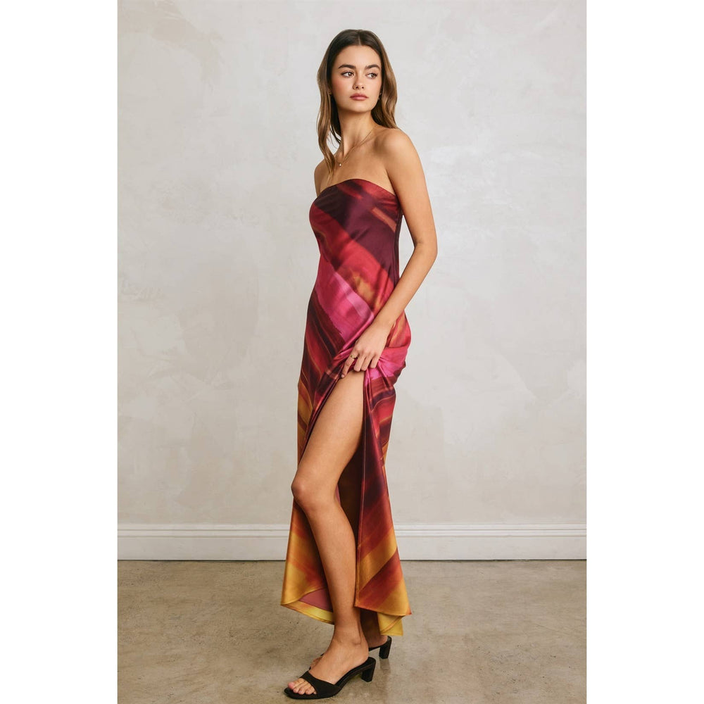 Watercolor Stripe Satin Strapless Bias Cut Maxi Dress-Blue Hand Home