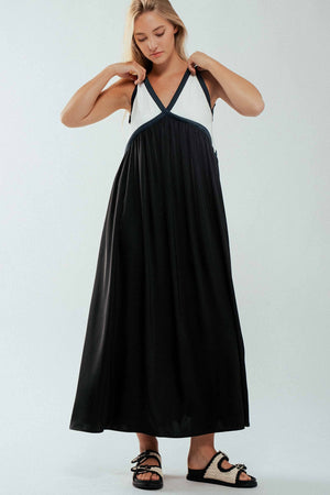 Contrast Piping Empire Waist Dress-Blue Hand Home