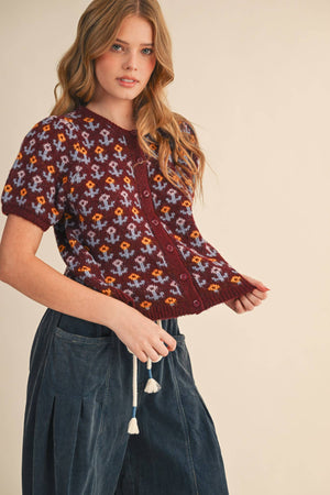 FLORAL SHORT SLEEVE SWEATER CARDIGAN MSW11259-Blue Hand Home