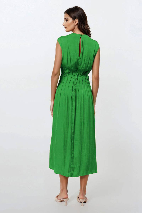 Silky Pleated Waistline Midi Dress-Blue Hand Home