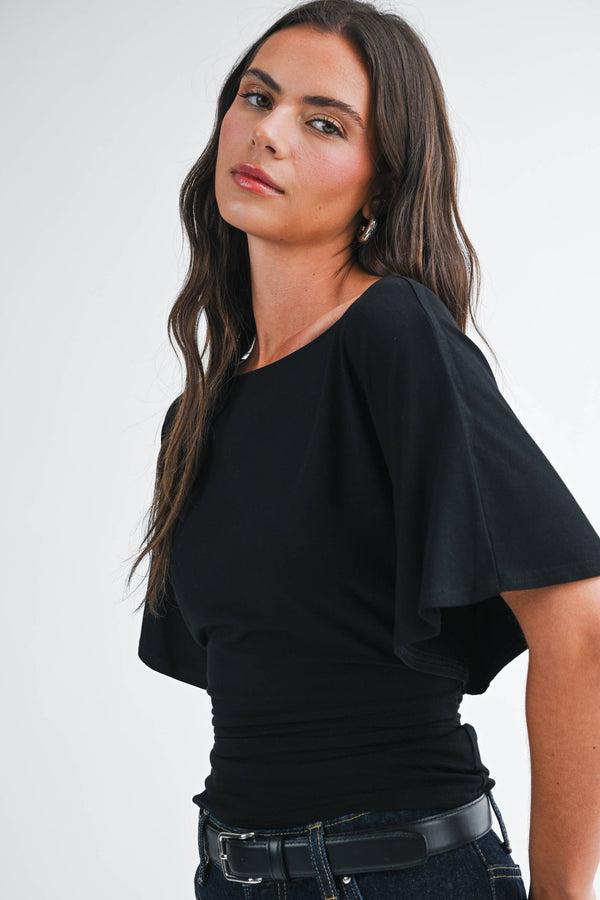 8654hk Draped Short Sleeve Back Tie Top Tee