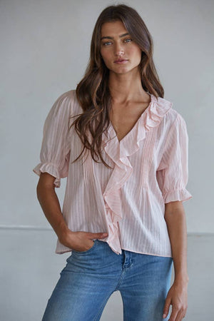 L8439 | Woven Cotton Buttondown V-Neck Short Sleeve Top