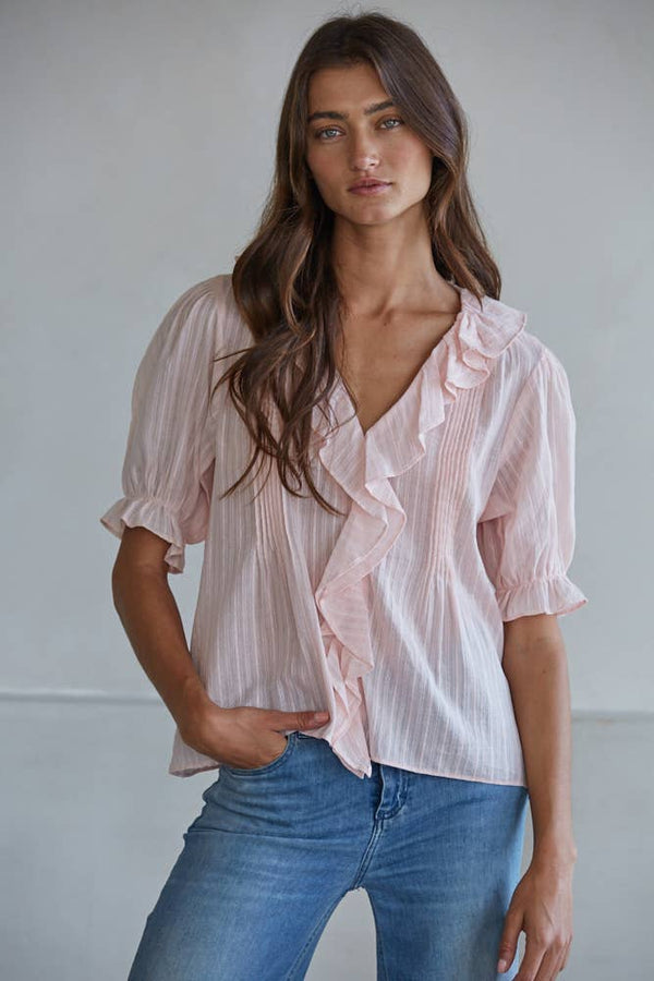 L8439 | Woven Cotton Buttondown V-Neck Short Sleeve Top