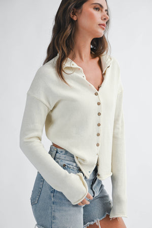 5221HK Button Front Cropped Knit Cardigan-Blue Hand Home
