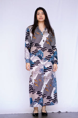 Edo Landscape Maxi Shirt Dress - Blue/Black