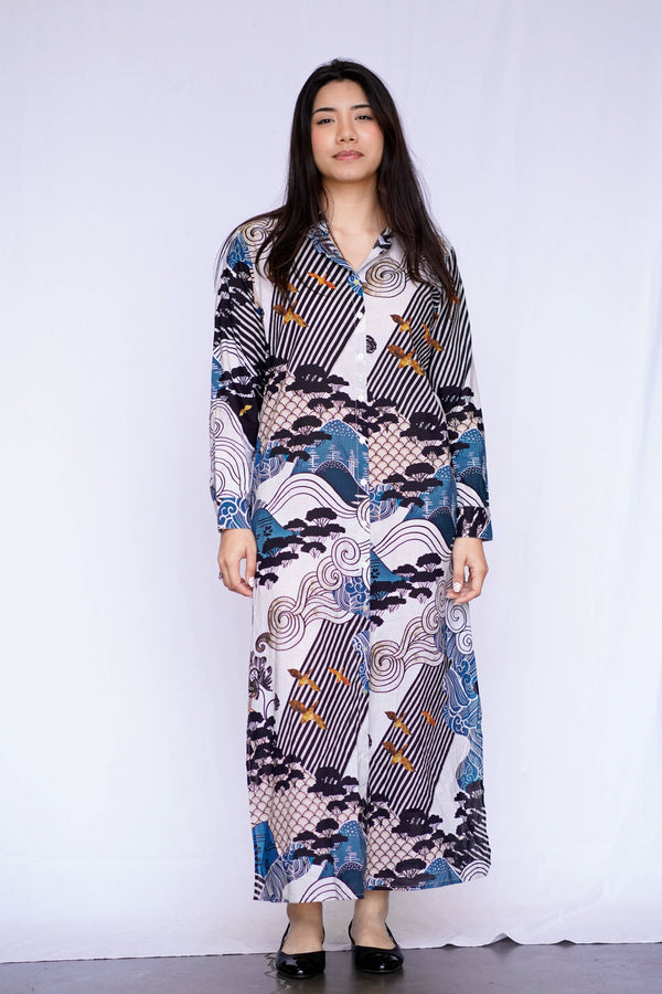Edo Landscape Maxi Shirt Dress - Blue/Black
