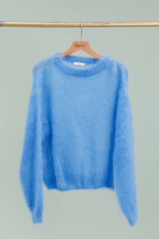Round neck long sleeve sweater in 80% kid mohair: Navy Blue / One size-Blue Hand Home