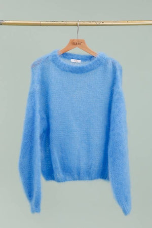 Round neck long sleeve sweater in 80% kid mohair: Kaki / One size-Blue Hand Home
