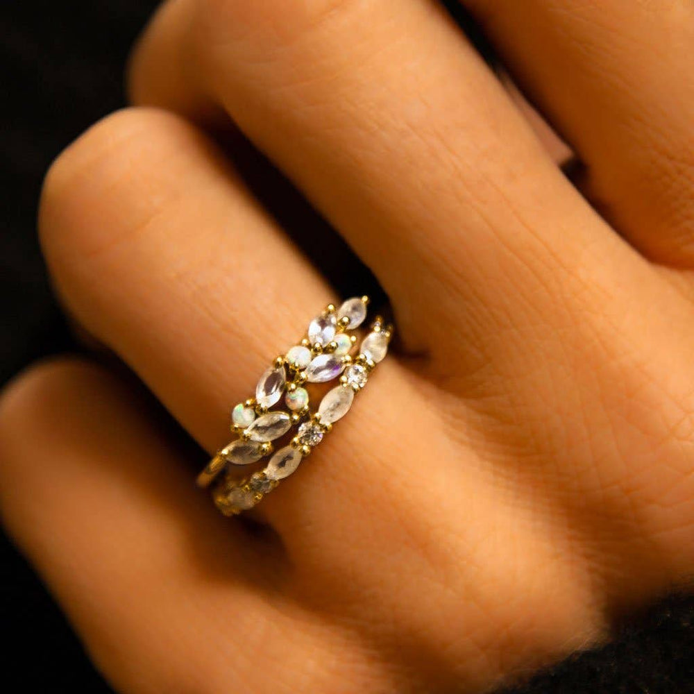 Rainbow Moonstone and Topaz Half Eternity Marquise Ring-Blue Hand Home