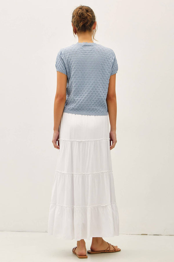 POINTELLE STITCH SHORT SLEEVE CARDIGAN-Blue Hand Home