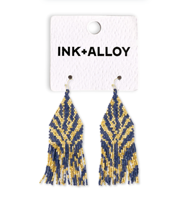 Delilah Zebra Print Beaded Fringe Earrings Navy + Gold Wholesale-Blue Hand Home
